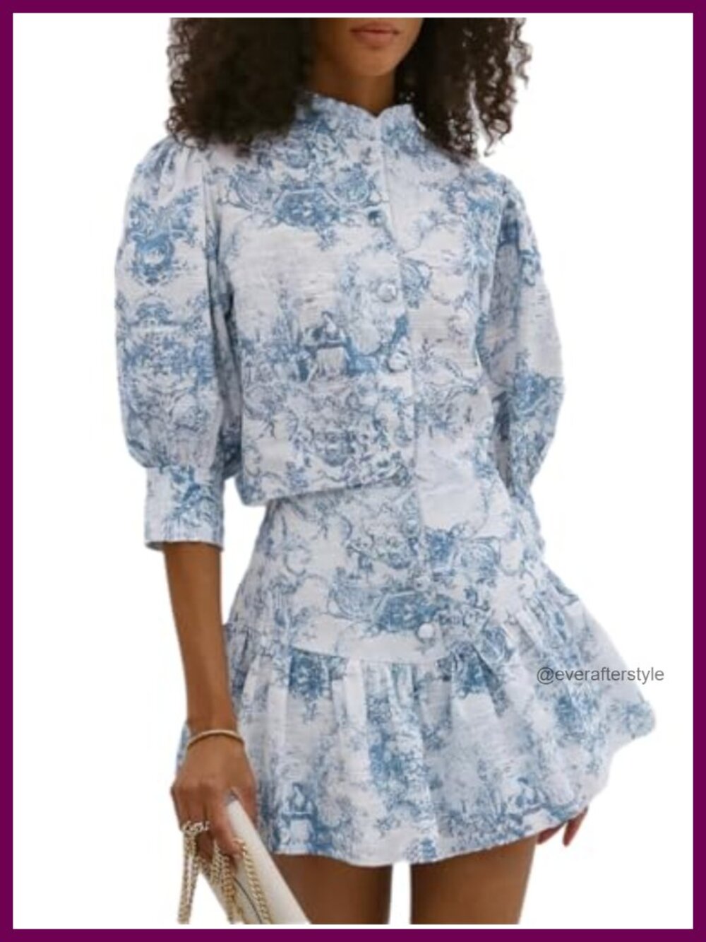 THLAI Women 2 Piece Floral Print Bishop Sleeve Top & Pleated Mini Skirt Set